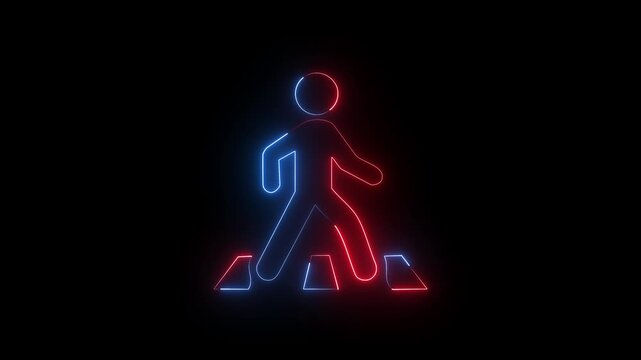 Red and blue neon pedestrian crossing icon glowing on black background for traffic safety road sign.