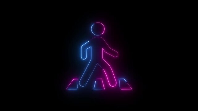 Pink and blue neon pedestrian crossing icon glowing on black background for traffic safety sign.