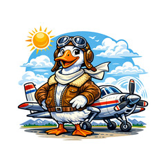 Cute duck cartoon pilot standing next to a small airplane with propeller airplane aviation aircraft propeller character transport adventure professional illustration isolated © MOSAREFHOSSEN
