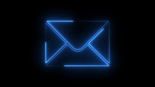 Blue neon envelope mail icon glowing on black background for email communication message.