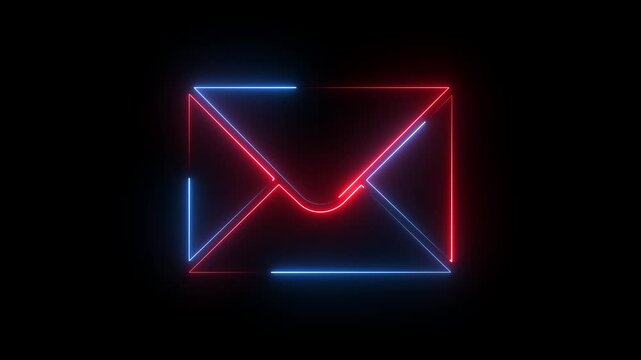 Red and blue neon envelope mail icon glowing on black background for email communication concept.