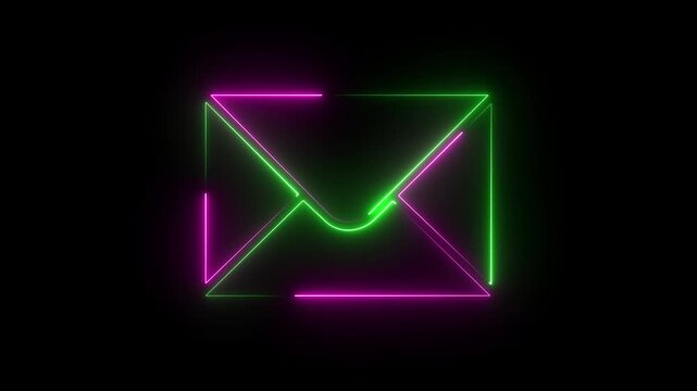 Green and purple neon envelope mail icon glowing on black background for email communication concept.