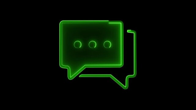 Green neon chat bubble icon glowing on black background for speech communication message concept.