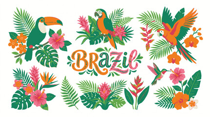 Obraz premium Tropical jungle wildlife and exotic flower illustration set with brazil lettering