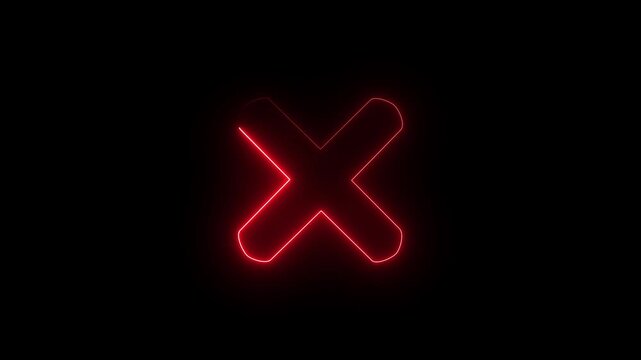 Red neon cross icon glowing on black background for close cancel or delete interface concept.
