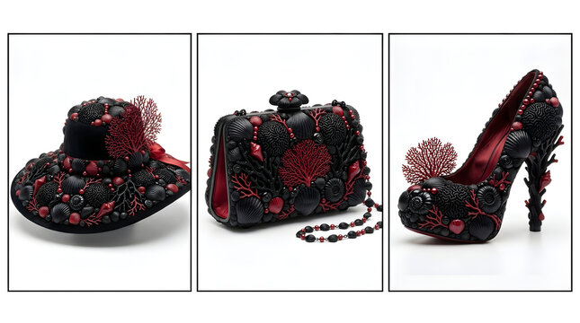 Fashion triptych of luxury coral and shell accessories