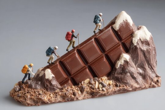 Miniature hikers climbing chocolate bar shaped like snowy mountain peak