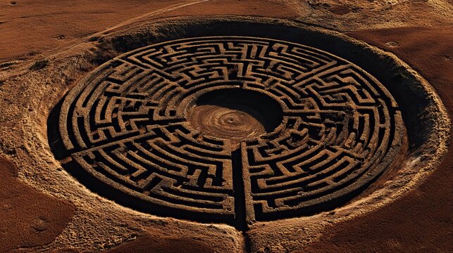 High angle aerial view of a large circular stone maze sitting in the middle of a vast dry brown landscape