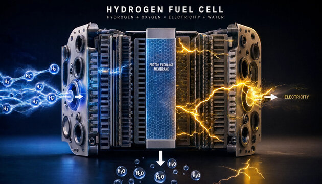 Hydrogen Fuel Cell Technology Diagram Showing Clean Electricity Generation Through Proton Exchange Membrane