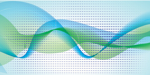 Fototapeta premium Flowing translucent blue, green, and turquoise wave shapes over a light background with a dotted pattern, creating a modern and dynamic visual effect.