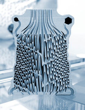 Object printed on 3D printer. Filter or heat exchange element. Model printed on 3D printer from metal powder. Aluminum alloy. Selective Laser Melting technologies SLM. Additive technology. 3D printing