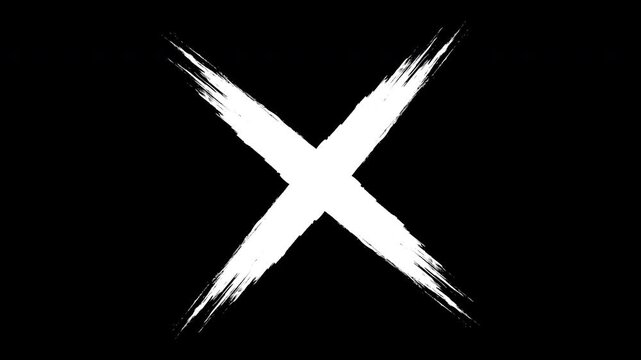 Hand-drawn white brush stroke x mark animation on black background, cross