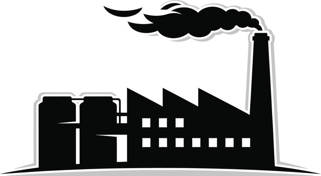 Factory silhouette with smoke stack on transparent background