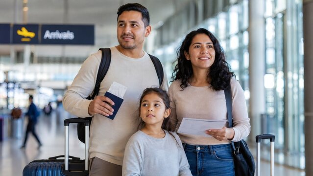Family With Passports And Luggage In Airport Arrivals Hall
