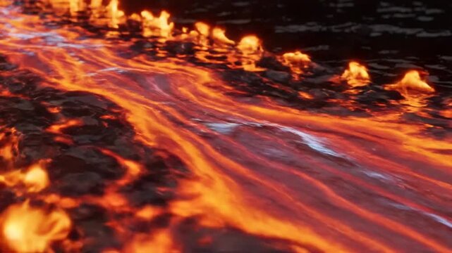 Abstract slow motion visual of bright orange fire flowing like liquid water across a flat dark surface with glowing embers and wisps of smoke on black background.