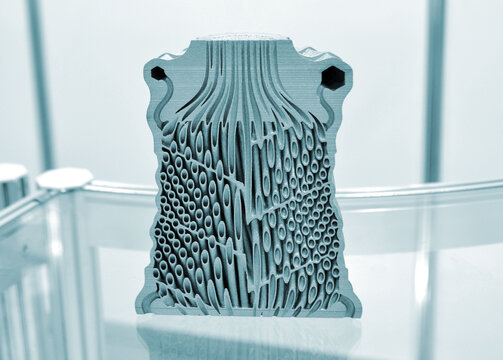 Object printed on 3D printer. Filter or heat exchange element. Model printed on 3D printer from metal powder. Aluminum alloy. Selective Laser Melting technologies SLM. Additive technology. 3D printing