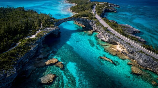 Aerial view of the famous Glass Window Bridge spanning across the turquoise waters of the beautiful island of Eleuthera Bahamas