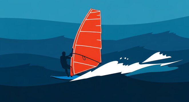 Flat vector illustration of a windsurfer riding ocean waves