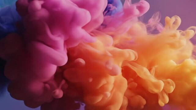 Swirling blue ink cloud expanding in water against a vibrant pink and purple gradient background, fluid abstract motion of paint droplets blending and diffusing in liquid environment.
