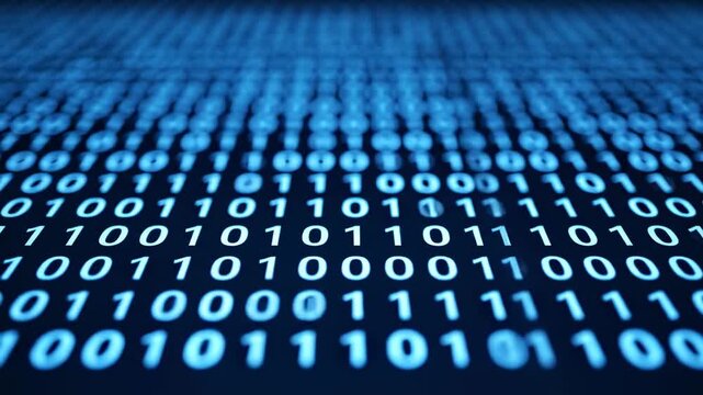 Blue binary code displayed in a continuous flow across a dark background, showcasing a sequence of ones and zeros in a digital format