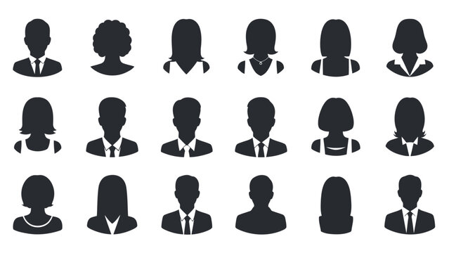 Set of simple black avatar silhouettes, generic user profile icons for business and social networking applications