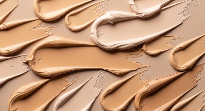 Liquid foundation smears and swatches in various skin tones.