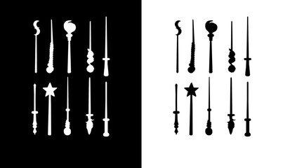 magic wand silhouette vector illustration, magic wand icon vector illustration, black silhouette of magic wand, magic wand, set, stars, stick, man, boy, concept, illustration, sky, isolated, needle,  © SUMAIRA