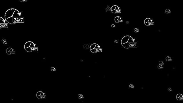 Abstract Graphic Animation Of White 24/7 Clock Icons Floating On A Black Background. High-contrast Digital Design, Customer Support, Continuous Service, And Non-stop Business Operations