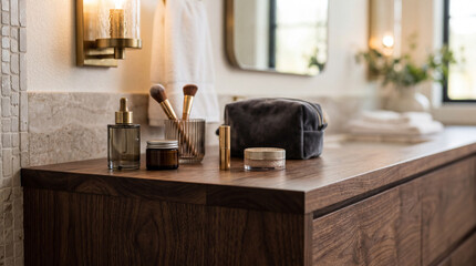 Fototapeta premium Corner Of Dark Wood Vanity Showing Beautiful Wood Grain And Premium Makeup Products Collection Display