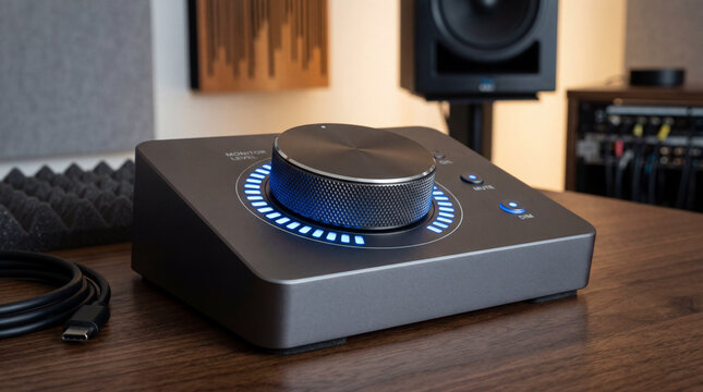 Detailed macro shot of single large metal rotary encoder knob on sleek unbranded audio equipment