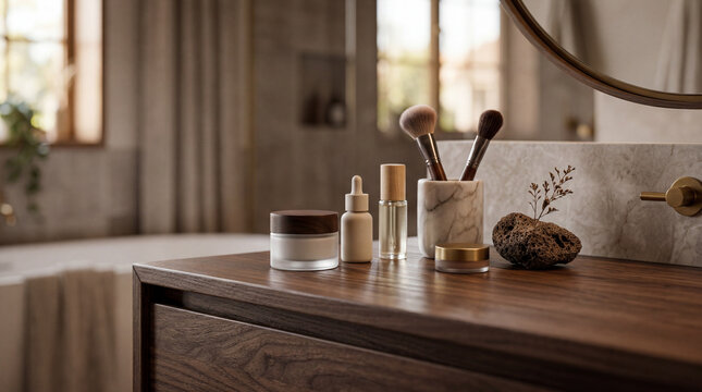 Close corner of dark wood vanity showing beautiful luxury grain and premium makeup products display