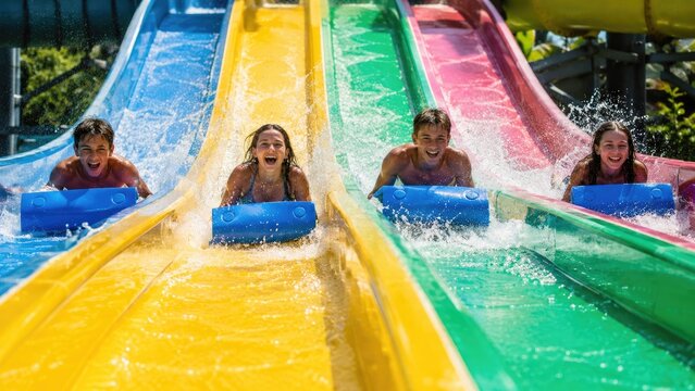 Four smiling kids racing down colorful parallel water slides on blue mats, splashing in a bright sunny outdoor water park