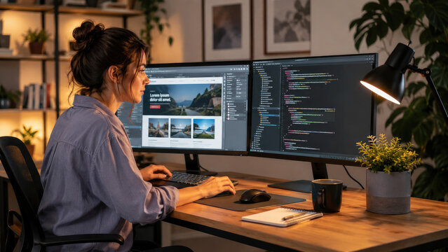 Woman programmer working on web design and code across dual widescreen monitors in a cozy modern home office with warm lighting and plants