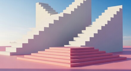 Fototapeta premium Minimalist abstract white and pink geometric staircases.