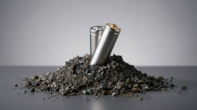 Conceptual visual of a pristine new battery cell emerging out from pile raw materials energy