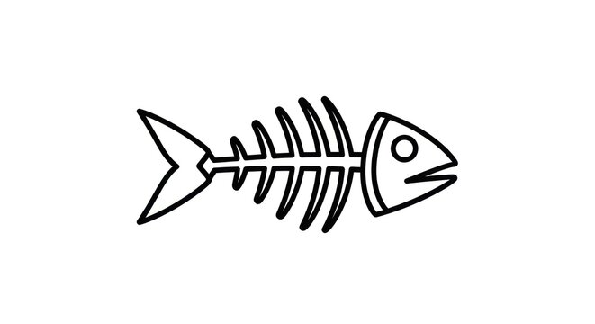 Minimalist black line art fish bone skeleton icon.