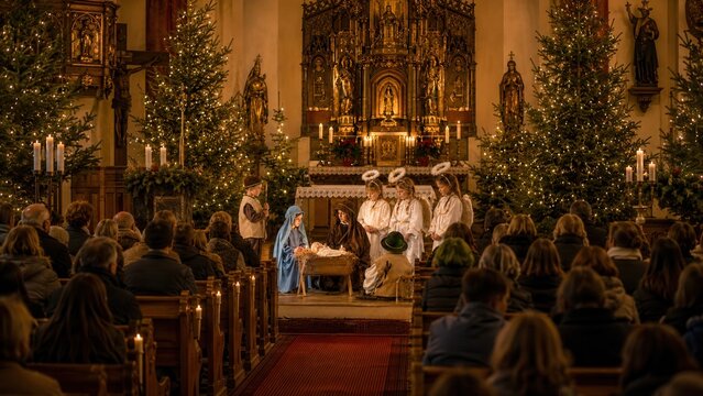 Darstellung der Weihnachtsgeschichte mit Kindern in einer festlich dekorierten deutschen Kirche. Traditionelles Krippenspiel als wichtiger Weihnachtsbrauch zur Adventszeit.
