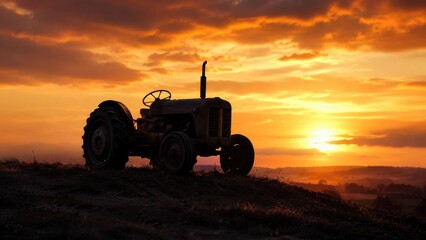 Obraz premium Vintage tractor silhouette on a hill at golden sunset over rolling farmland