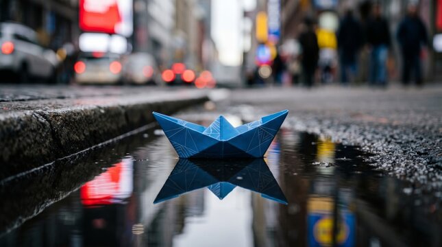Blue origami paper boat floating in water puddle on city street gutter with blurred urban background