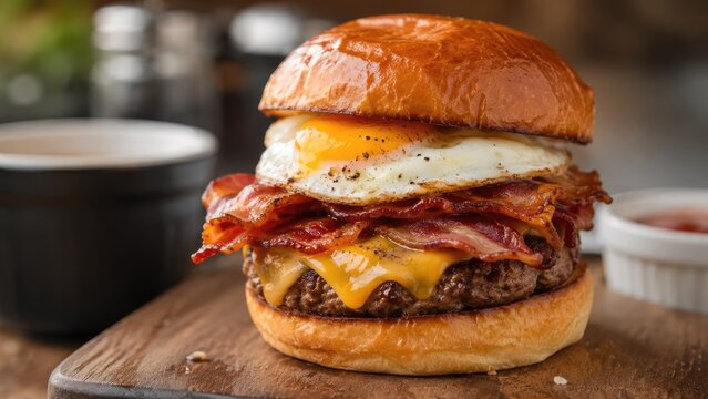 Juicy bacon cheeseburger with melted cheddar, crispy bacon and sunny-side up egg on a toasted brioche bun served on a wooden board