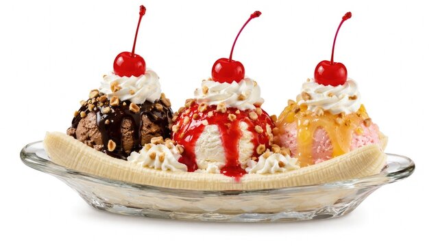 Classic banana split with three ice cream scoops, sauces, whipped cream, cherries and nuts served in a glass dish