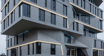 Obraz premium Modern concrete building with geometric angles and glass windows.