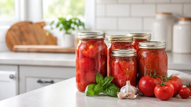 Jars of homemade canned tomatoes with fresh tomatoes, garlic and basil on a bright kitchen countertop