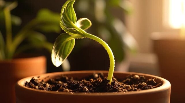 Close-up of a green plant stem bending naturally toward a bright light source, demonstrating phototropism and organic growth movement in a time-lapse style against a dark background.