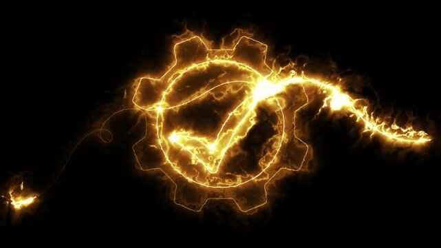Animation of success moving cog gear wheel with approval check mark icon motion graphics on black background financial development and tick 4k video