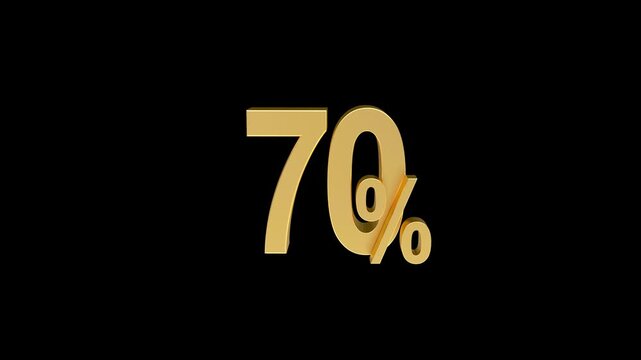Glossy golden 70 percent symbol rotates against a black background in a looping 3D animation