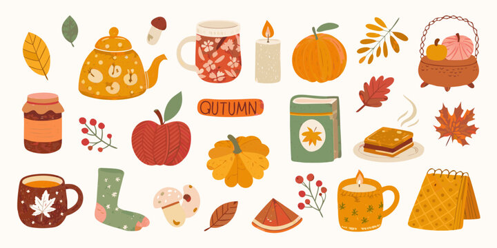 Autumn themed vector illustration with seasonal objects and foliage