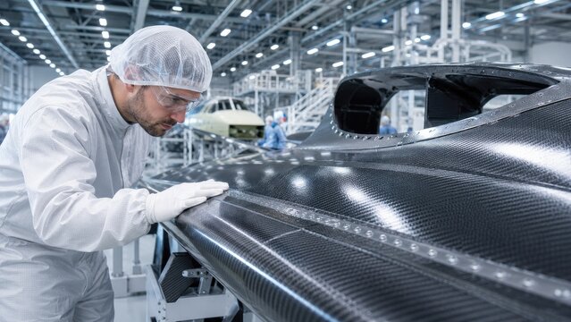 Technician in cleanroom inspecting glossy carbon fiber composite panel on an aircraft or vehicle assembly line in a high-tech manufacturing plant