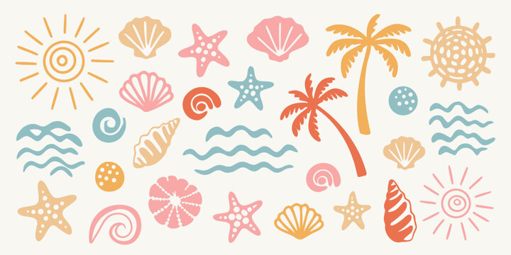 Coastal Summer Icons And Seashells Hand drawn Vector Illustration