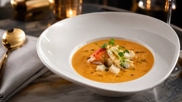 Creamy lobster bisque topped with lobster meat and microgreens in a white bowl, set on a marble tabletop with gold spoon and warm candlelit fine-dining ambiance
